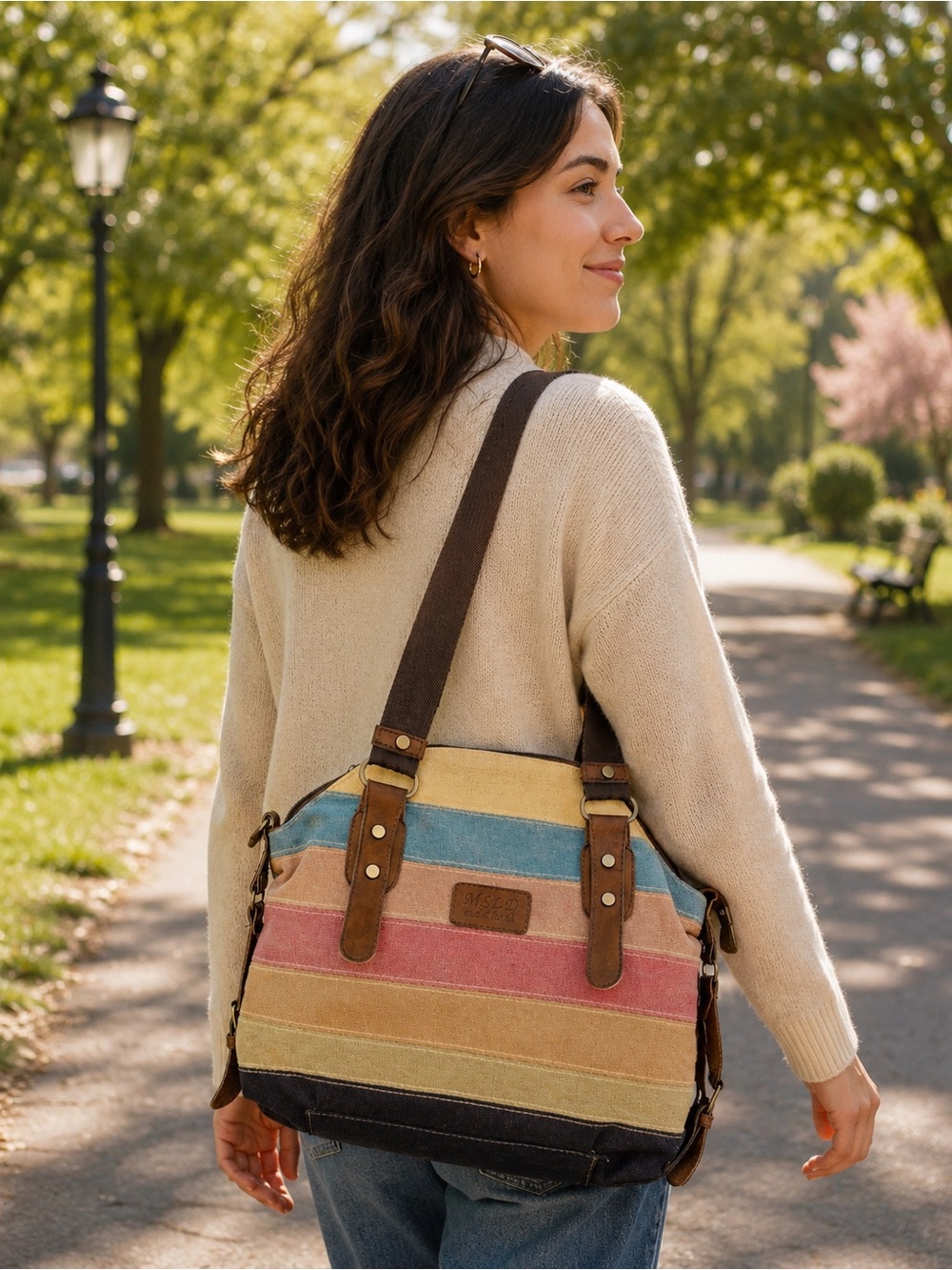 MSLD New York Co. Striped Canvas Shoulder Bag Multi-Color Faux Leather Trim